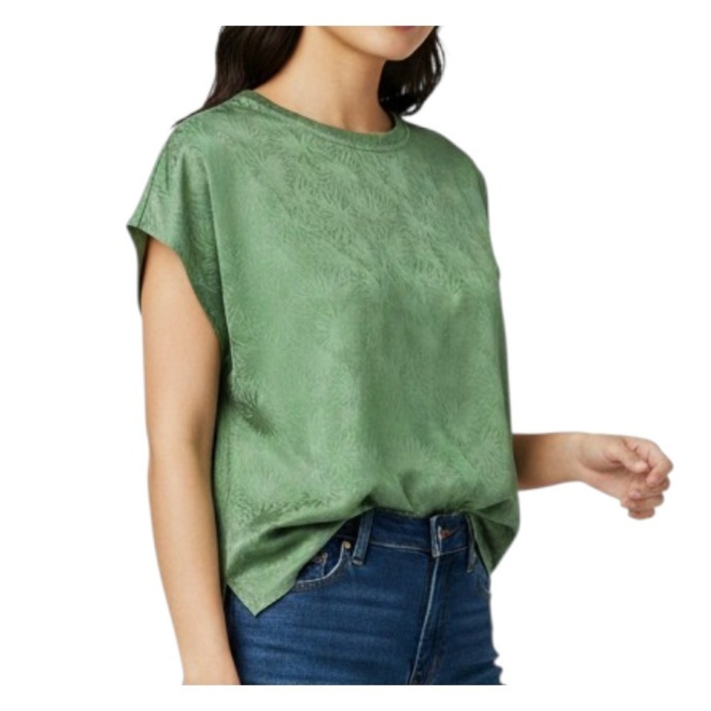 S'EDGE Sedge GREEN PALM PRINT SATIN TOP Jacquard Design FRAYED NECKLINE sz S